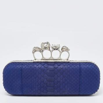 Pre Owned Alexander McQueen Blue Python Skull Knuckle Box Clutch