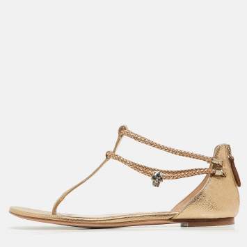 Pre Owned Alexander McQueen Gold Braided Leather Skull Detail Thong Flat Sandals Size 41