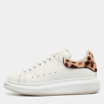 Pre Owned Alexander McQueen White/Brown Leather and Calf hair Oversized Lace Up Sneakers Size 37