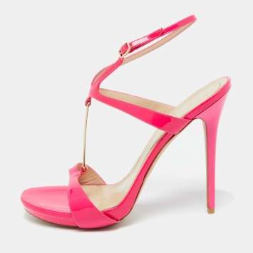 Pre Owned Alexander McQueen Hot Pink Patent Leather Ankle Strap Sandals 39.5
