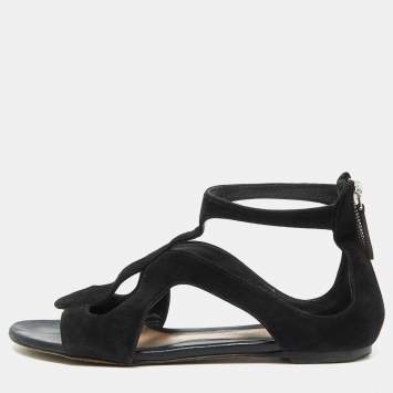 Pre Owned Alexander McQueen Black Suede Flat Sandals Size 38