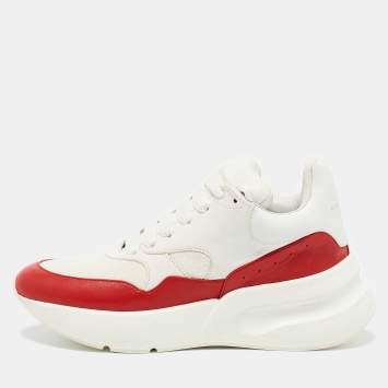 Pre Owned Alexander McQueen White/Red Leather And Mesh Oversized Runner Low Top Sneakers Size 38