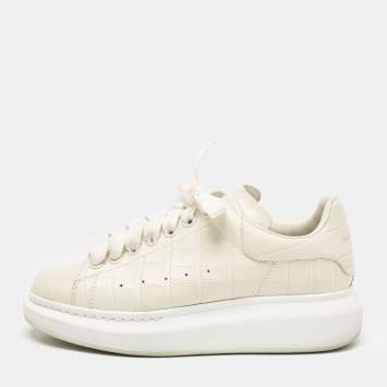 Pre Owned Alexander McQueen Cream Croc Embossed Leather Oversized Low Top Sneakers Size 37.5