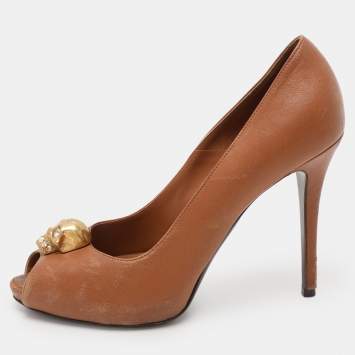 Pre Owned Alexander McQueen Brown Leather Skull Peep Toe Pumps Size 38