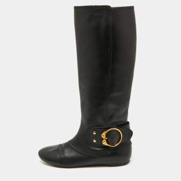 Pre Owned Alexander McQueen Black Leather Buckle Detail Knee length Boots Size 40