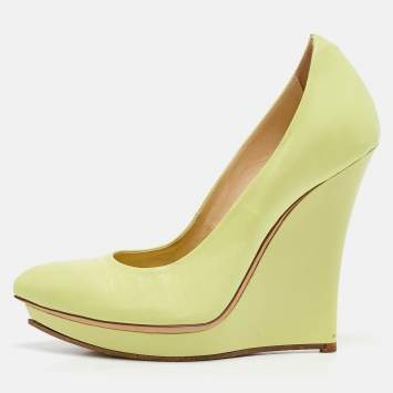 Alexander McQueen Neon Green Leather Wedge Pumps Size 37