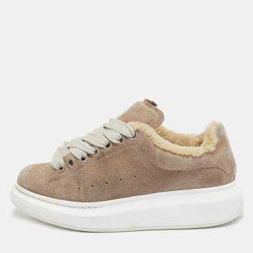 Pre Owned Alexander McQueen Beige Shearling and Suede Oversized Low Top Sneakers Size 35