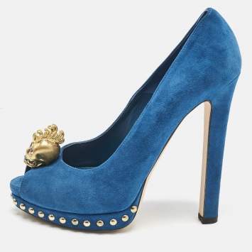 Alexander McQueen Blue Suede Skull Peep Toe Pumps Size 36.5