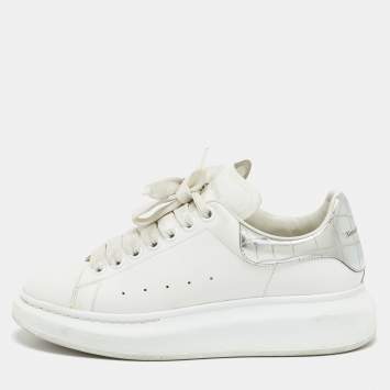 Pre Owned Alexander McQueen White/Silver Leather Oversized Sneakers Size 38.5