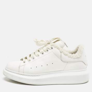 Pre Owned Alexander McQueen White Fur and  Leather Oversized  Sneakers Size 40