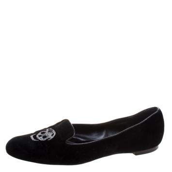 Pre Owned Alexander McQueen Black Velvet Skull Embroidered Smoking Slippers Size 38.5