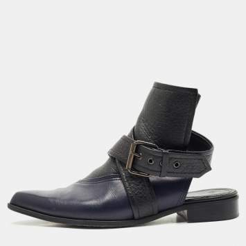 Pre Owned Alexander McQueen Black/Blue Leather Grace Ankle Length Boots Size 38