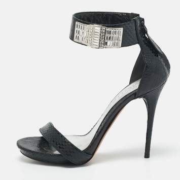 Alexander McQueen Black Snakeskin Leather Crystal Embellished Ankle Cuff Sandals Size 36