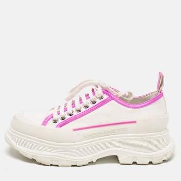 Alexander McQueen White/Neon Pink Canvas and Leather Slick Chunky Sneakers Size 38.5