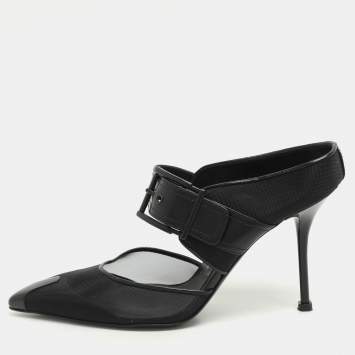Pre Owned Alexander McQueen Black Leather and Mesh Punk Mules Size 38.5