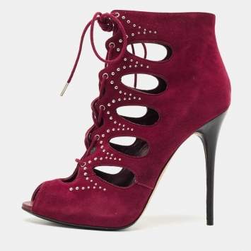 Alexander McQueen Burgundy Cut Out Suede Studded Ankle Booties Size 38