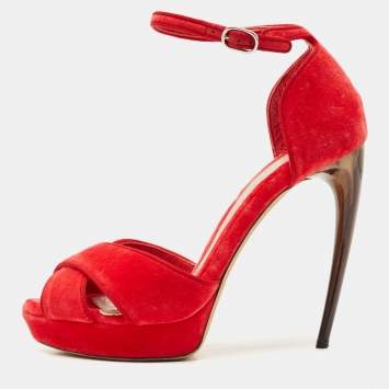 Alexander McQueen Red Velvet Horn Heel Ankle Strap Platform Sandals Size 38