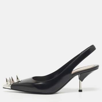 Pre Owned Alexander McQueen Black Leather Punk Spike Slingback Pumps Size 38