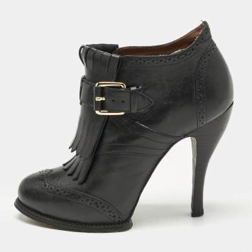 Pre Owned Alexander McQueen Black Leather Fringe Ankle Length Boots Size 36