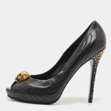 Pre Owned Alexander McQueen Black Leather Crystal Embellished Skull Detail Peep Toe Platform Pumps Size 41