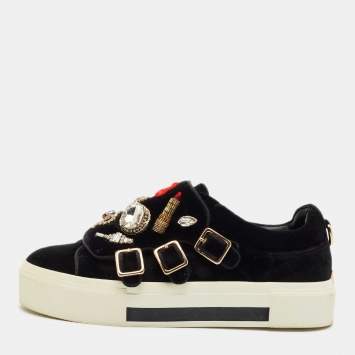 Pre Owned Alexander McQueen Black Velvet Crystal Embellished Buckle Sneakers Size 39