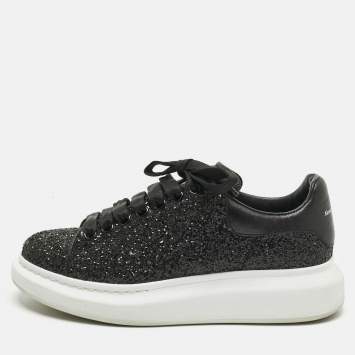 Pre Owned Alexander McQueen Black Glitter and Leather Oversized Sneakers Size 39