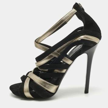 Pre Owned Alexander McQueen Black/Gold Leather and Suede Ankle Strap Sandals Size 37.5