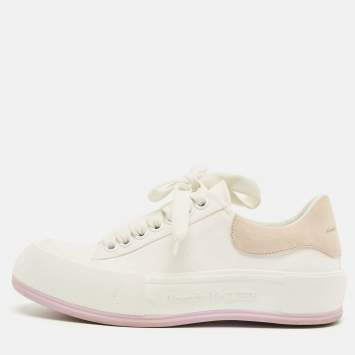 Pre Owned Alexander McQueen White/Beige Canvas and Suede Deck Plimsoll Lace Up Sneakers Size 37