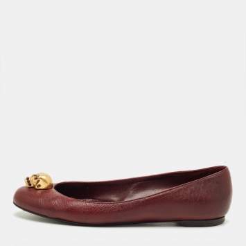 Pre Owned Alexander McQueen Burgundy Leather Skull Ballet Flats Size 38.5