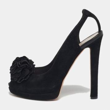 مملوكة مسبقًا Alexander McQueen Size 40 Black Suede Flower Detail Peep Toe Platform Pumps