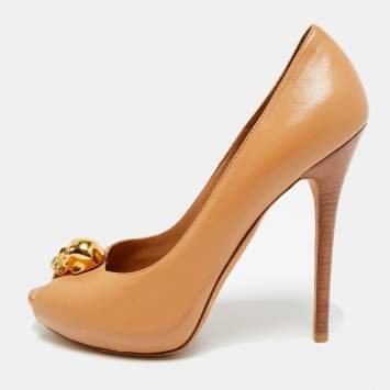 مملوكة مسبقًا حذاء كعب عالى أليكساندر ماكوين نعل سميك مقدمة مفتوحة جمجمة جلد بنى مقاس 40