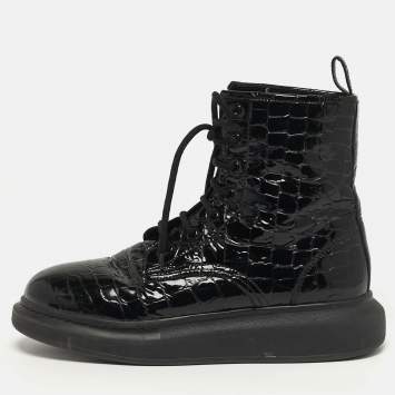 Pre Owned Alexander McQueen Oversized Size 41 Black Croc Embossed Patent Leather High Top Sneakers