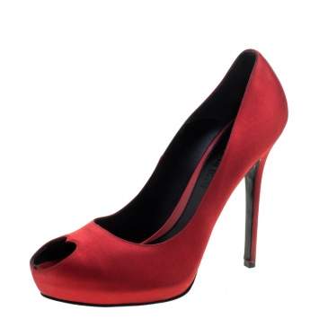 Pre Owned Alexander McQueen Red Satin Heart Peep Toe Pumps Size 41