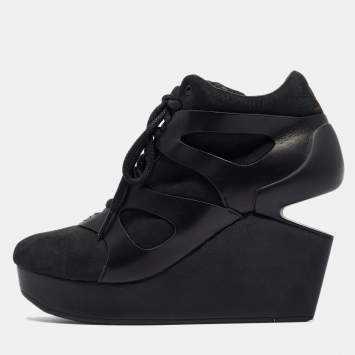 Pre Owned McQ By Alexander McQueen For Puma Black Leather and Nubuck Leap Wedge Sneakers Size 40.5