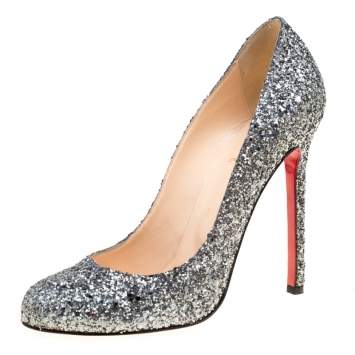 Pre Owned Christian Louboutin Metallic Silver Coarse Glitter Lady Lynch Pumps  Size 38.5