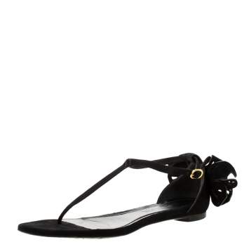 Pre Owned Alexander McQueen Black Leather Butterfly Detail Flat Sandals Size 36