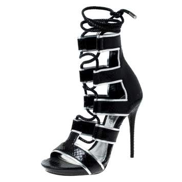 مملوكة مسبقًا Alexander McQueen Black Python Leather Ankle Wrap Sandals Size 37.5