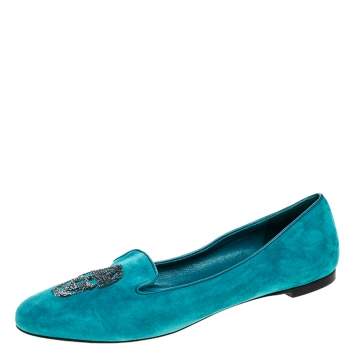 Pre Owned Alexander McQueen Blue Suede Sequins Skull Smoking Slippers Size 39