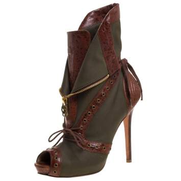 Pre Owned Alexander McQueen Khaki Green/Brown Canvas and Leather Faithful Peep Toe Boots Size 39