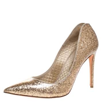 Pre Owned Alexander McQueen Gold Patent Glitter Leather Pointed Toe Pumps Size 39.5