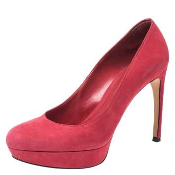 Pre Owned Alexander McQueen Red Suede Horn Heel Platform Pumps Size 37