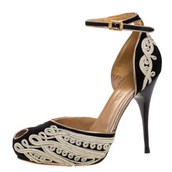 Pre Owned Alexander McQueen Black/Light Gold Cord Embroidered Suede Ankle Strap D'orsay Pumps Size 40