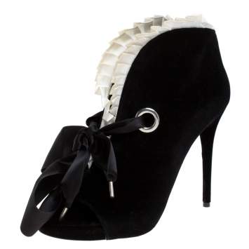 Pre Owned Alexander McQueen Black Velvet Frill Detail Open Toe Ankle Boots Size 41