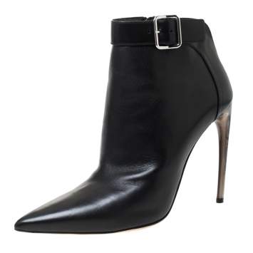 Pre Owned Alexander McQueen Black Leather Buckle Detail Pointed Toe Ankle Booties Size 40