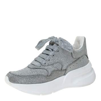 Pre Owned Alexander McQueen Silver Glitter Platform Lace Up Sneakers Size 35
