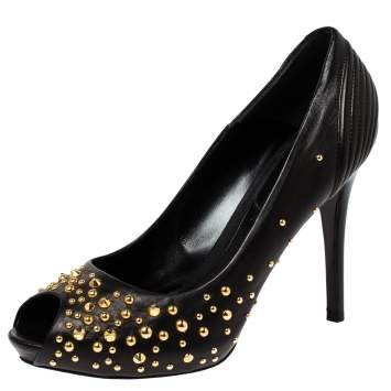 Pre Owned Alexander McQueen Black Leather Studded Peep Toe Pumps Size 38.5