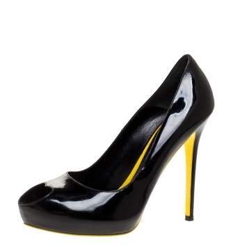 Pre Owned Alexander McQueen Black Patent Leather Heart Peep Toe Pumps Size 39.5