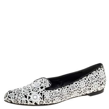 Pre Owned Alexander McQueen Monochrome Laser Cut Patent Leather Smoking Slippers Size 37