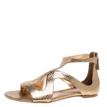 Pre Owned Alexander McQueen Gold Python Embossed Leather Cutout Flat Sandals Size 40