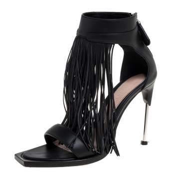 Pre Owned Alexander McQueen Black Leather Fringe Detail Sandals Size 38.5